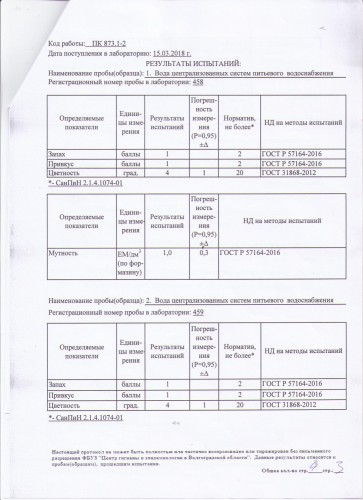 Протокол испытаний № 7425 от 29.03.2018 г.