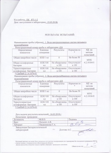 Протокол испытаний № 7425 от 29.03.2018 г.